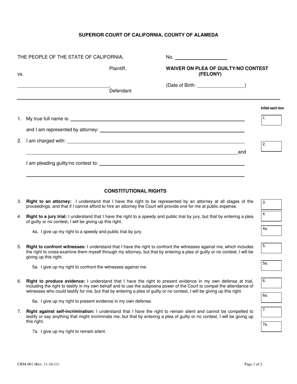 Form CRM-001 Waiver on Plea of Guilty / No Contest (Felony) - County of Alameda, California, Page 1