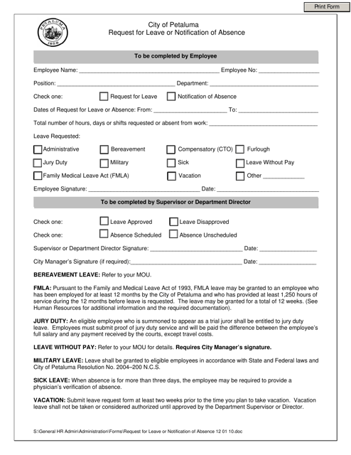 Request for Leave or Notification of Absence - City of Petaluma, California Download Pdf