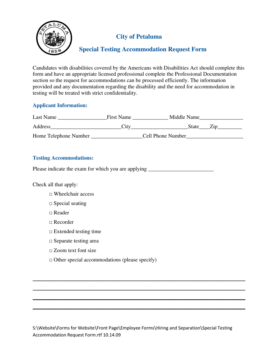 Special Testing Accommodation Request Form - City of Petaluma, California, Page 1