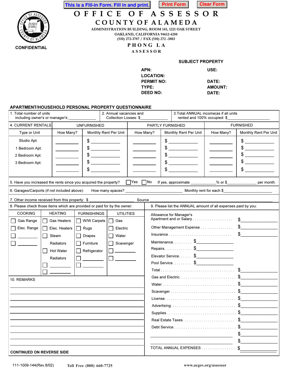 Form 111-1009-144 Apartment / Household Personal Property Questionnaire - County of Alameda, California, Page 1