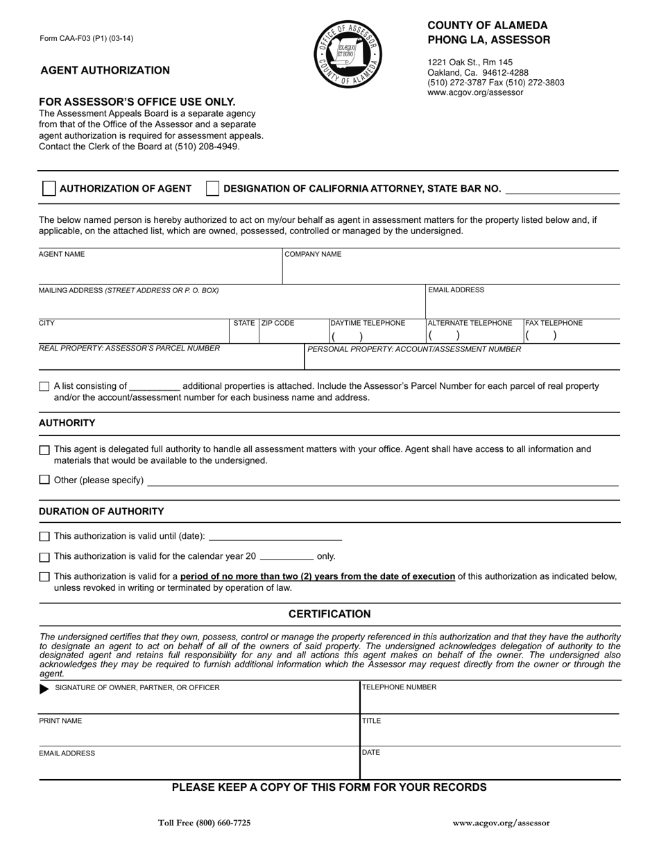 Form CAA-F003 Agent Authorization - County of Alameda, California, Page 1