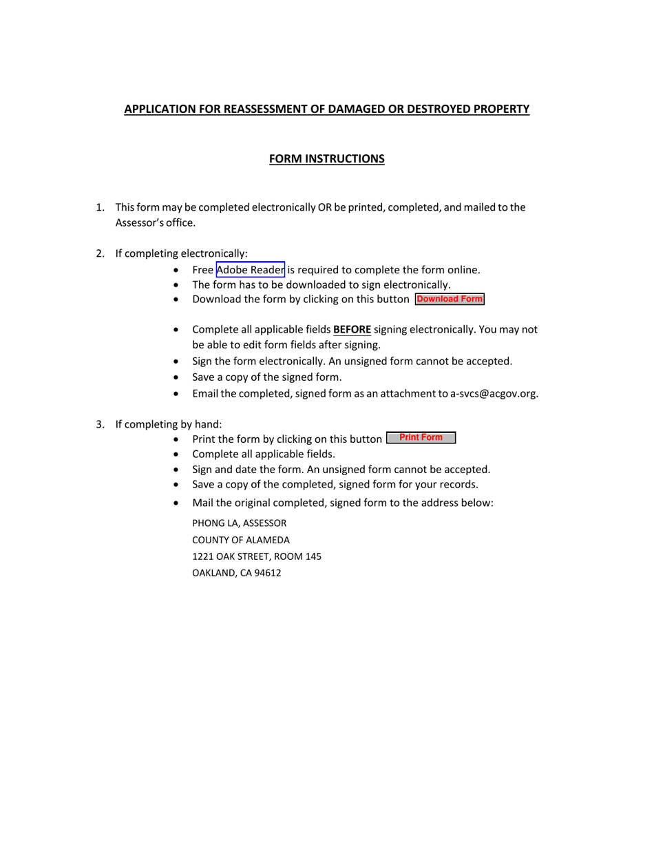 County of Alameda, California Application for Reassessment of Damaged