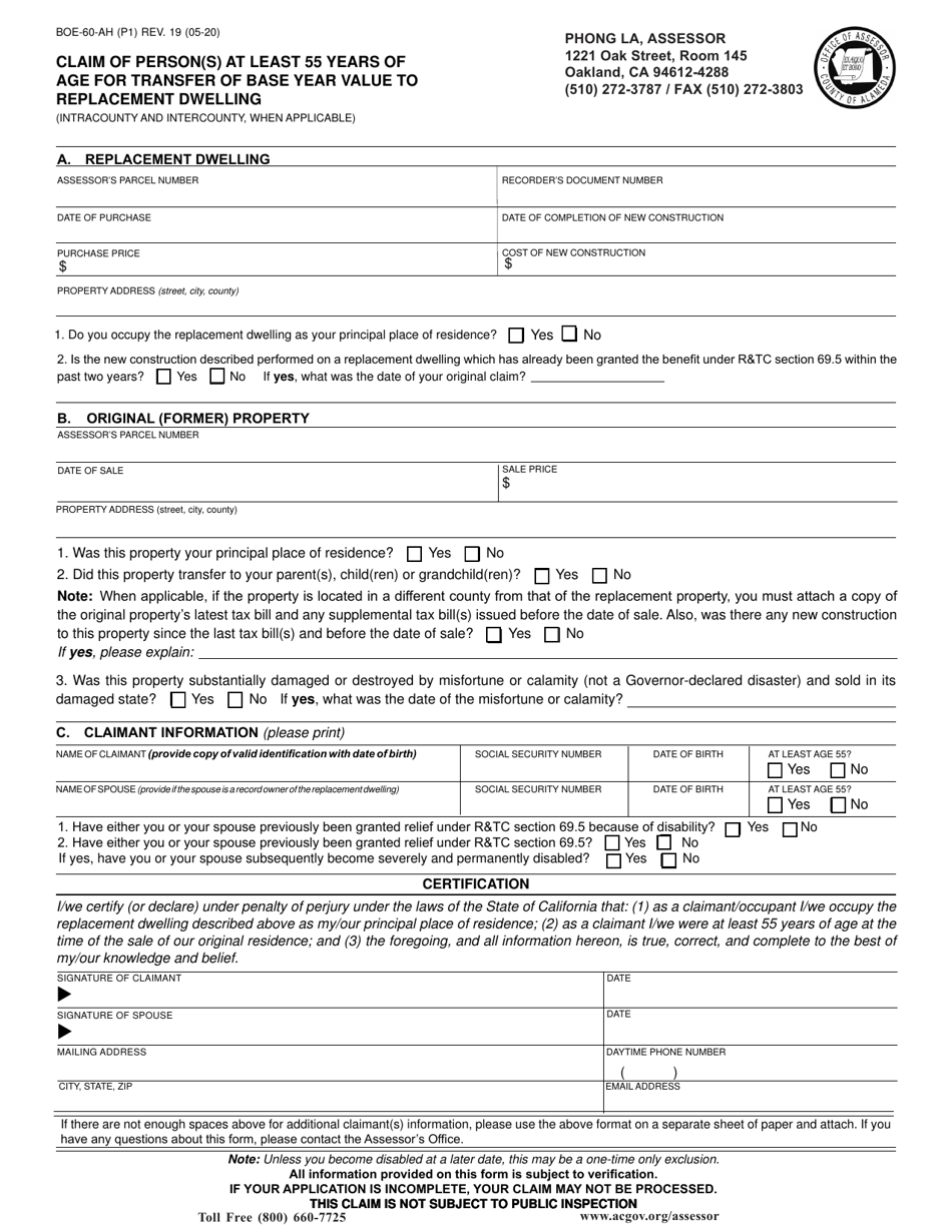 Form BOE-60-AH Claim of Person(s) at Least 55 Years of Age for Transfer of Base Year Value to Replacement Dwelling - County of Alameda, California, Page 3