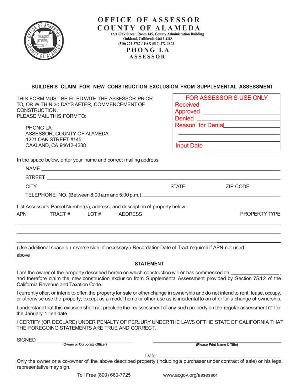 Form 111-1009-150 Builders Claim for New Construction Exclusion From Supplemental Assessment - County of Alameda, California, Page 2
