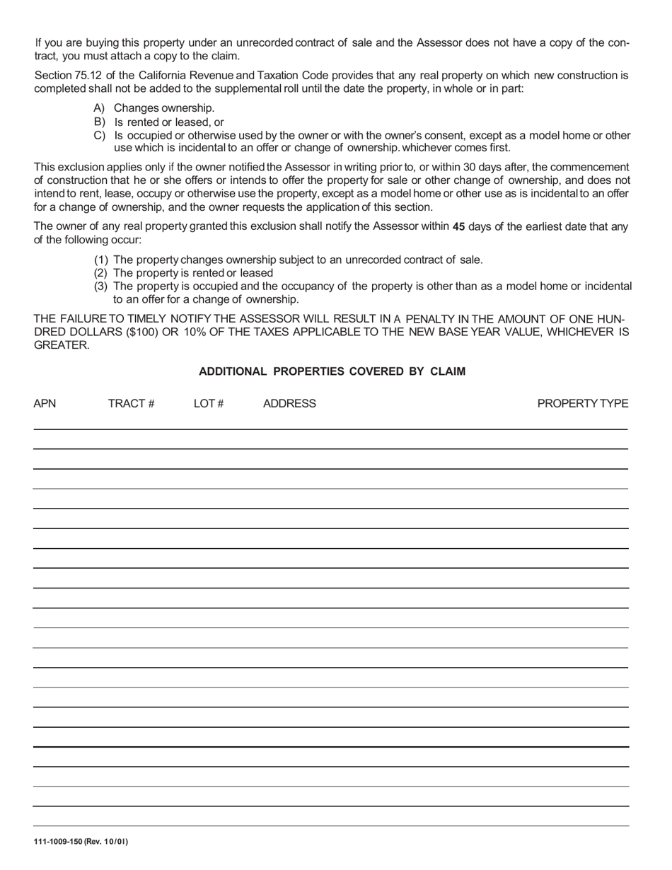 Form 111-1009-150 Builders Claim for New Construction Exclusion From Supplemental Assessment - County of Alameda, California, Page 3