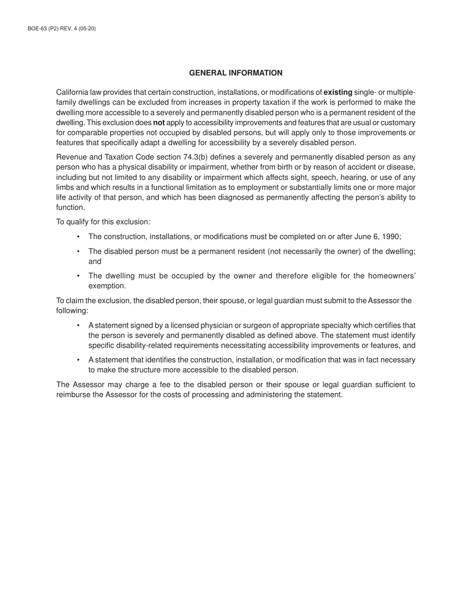 Form BOE-63 Disabled Persons Claim for Exclusion of New Construction for Occupied Dwelling - County of Alameda, California, Page 6