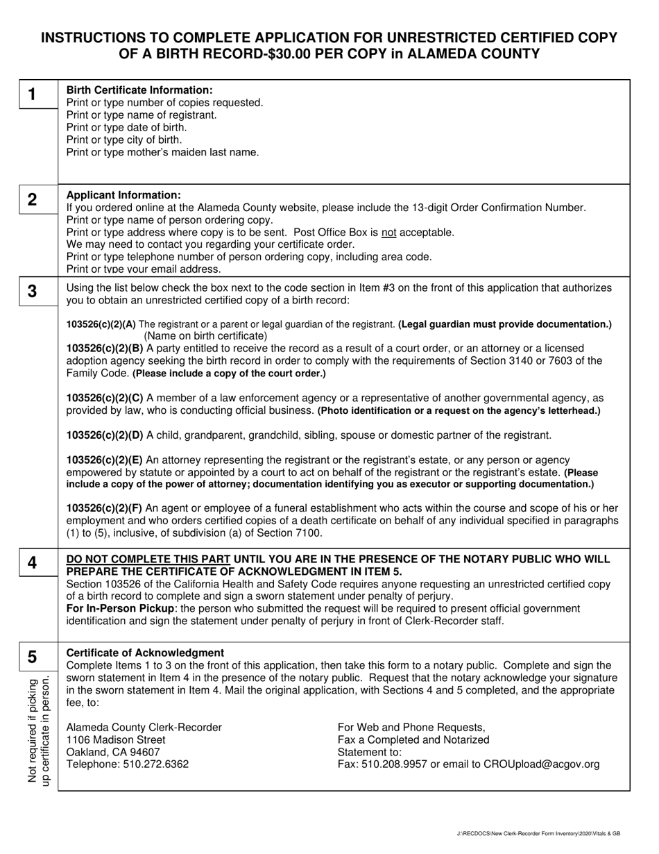 Application for Unrestricted Certified Copy of a Birth Certificate - County of Alameda, California, Page 1