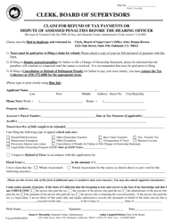 Document preview: Claim for Refund of Tax Payments or Dispute of Assessed Penalties Before the Hearing Officer - County of Alameda, California