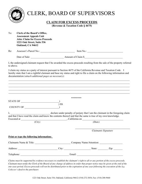 Claim for Excess Proceeds - County of Alameda, California Download Pdf