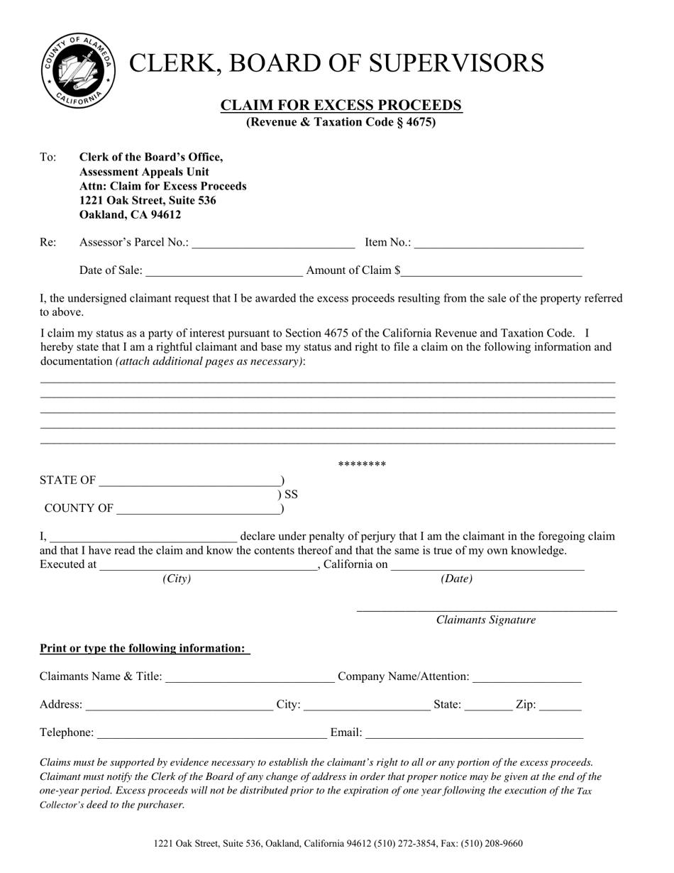 Claim for Excess Proceeds - County of Alameda, California, Page 1