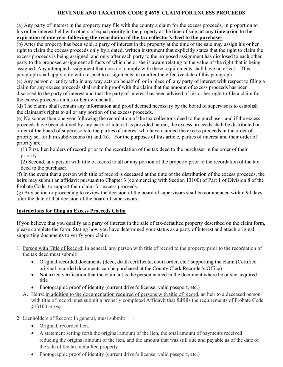 County of Alameda, California Claim for Excess Proceeds Fill Out