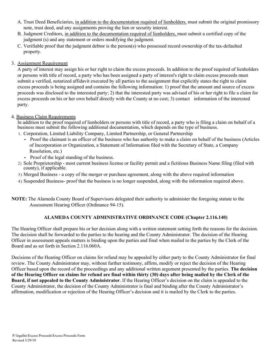 Claim for Excess Proceeds - County of Alameda, California, Page 3