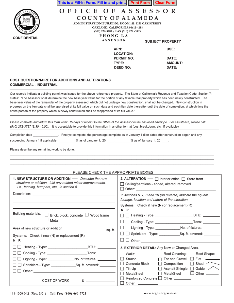 Form 111-1009-042 Cost Questionnaire for Additions and Alterations - Commercial / Industrial - County of Alameda, California, Page 1