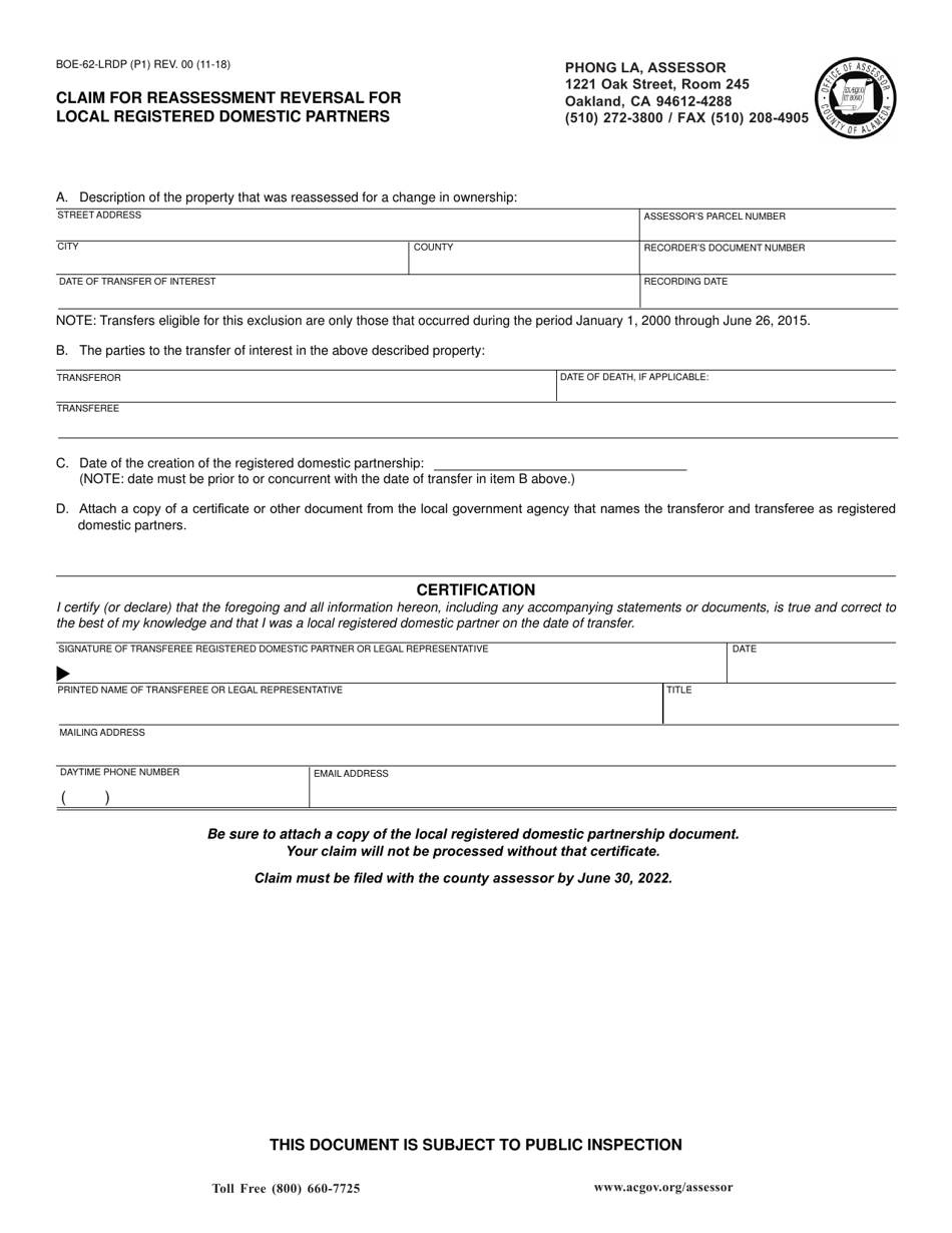 Form BOE62LRDP Download Fillable PDF or Fill Online Claim for