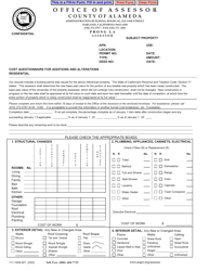 Form 111-1009-041 &quot;Cost Questionnaire for Additions and Alterations - Residential&quot; - County of Alameda, California