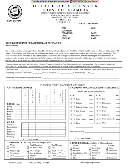 Form 111-1009-041 Cost Questionnaire for Additions and Alterations - Residential - County of Alameda, California