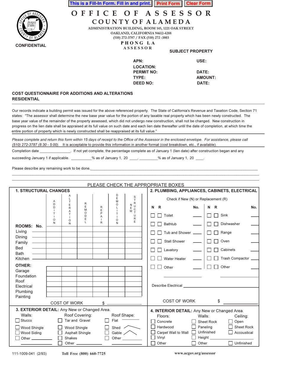 Form 111-1009-041 Cost Questionnaire for Additions and Alterations - Residential - County of Alameda, California, Page 1