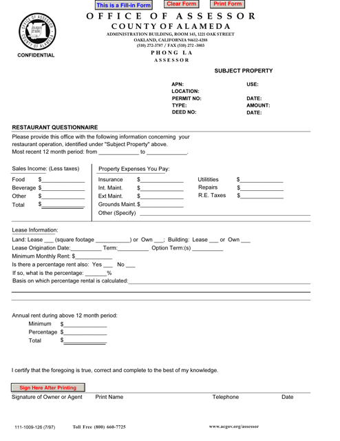 Form 111-1009-126 Restaurant Questionnaire - County of Alameda, California