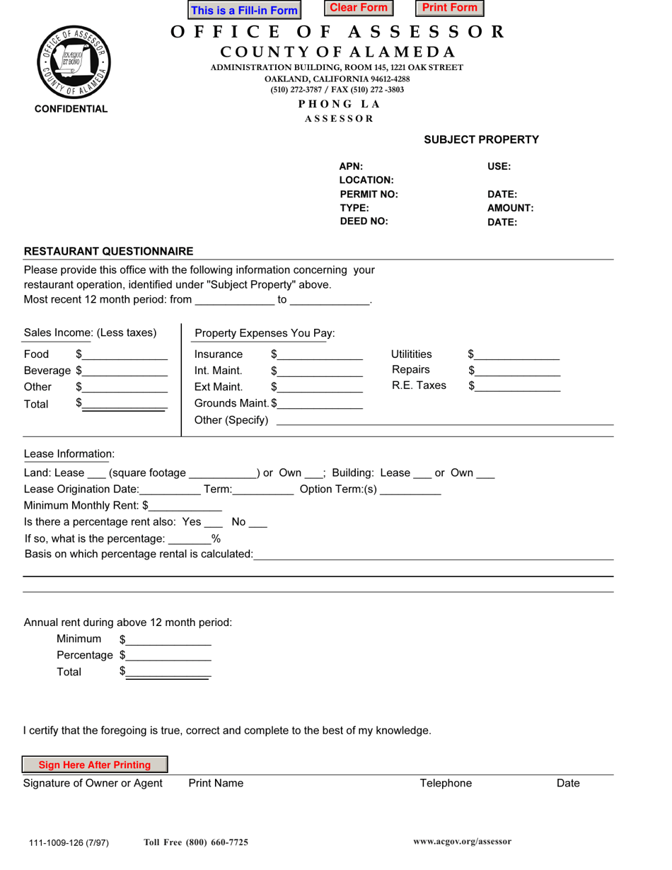 Form 111-1009-126 Restaurant Questionnaire - County of Alameda, California, Page 1