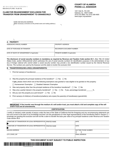 Form BOE-58-G Claim for Reassessment Exclusion for Transfer Between Grandparent and Grandchild - County of Alameda, California