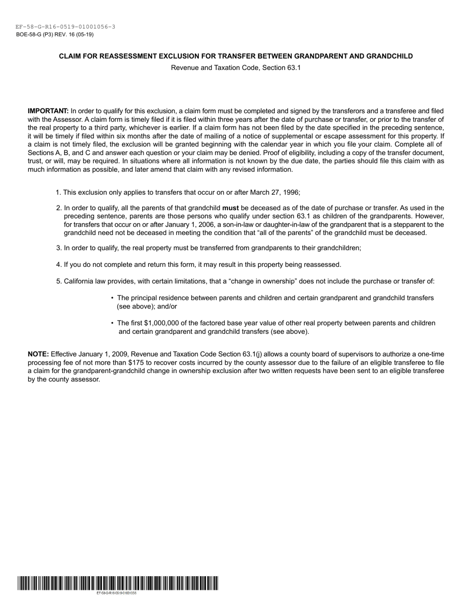 Form BOE-58-G Claim for Reassessment Exclusion for Transfer Between Grandparent and Grandchild - County of Alameda, California, Page 3
