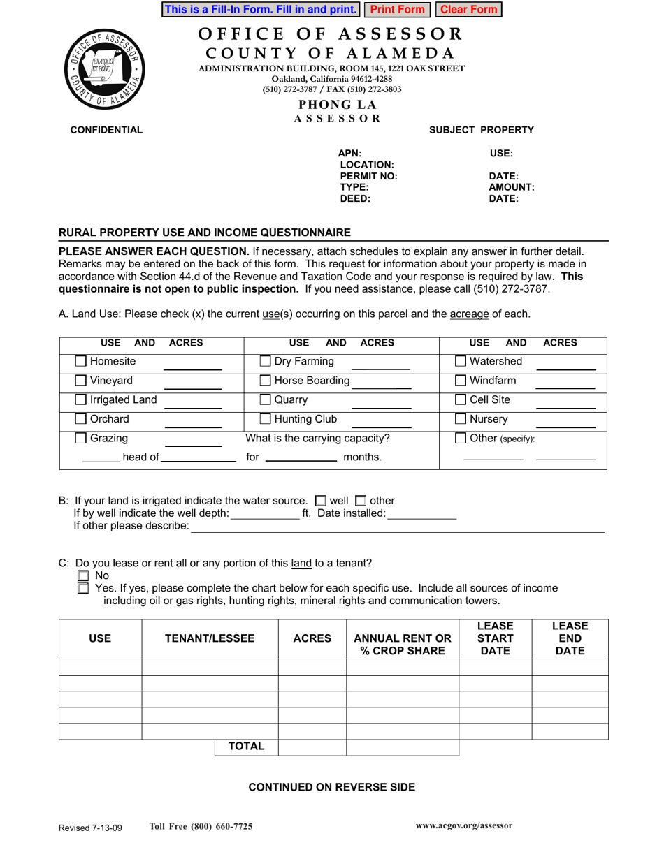 Rural Property Use and Income Questionnaire - County of Alameda, California, Page 1