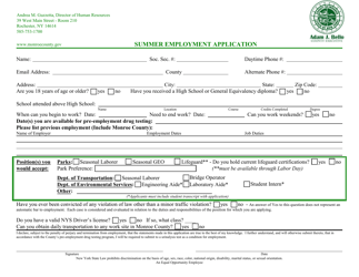 Document preview: Summer Employment Application - Monroe County, New York