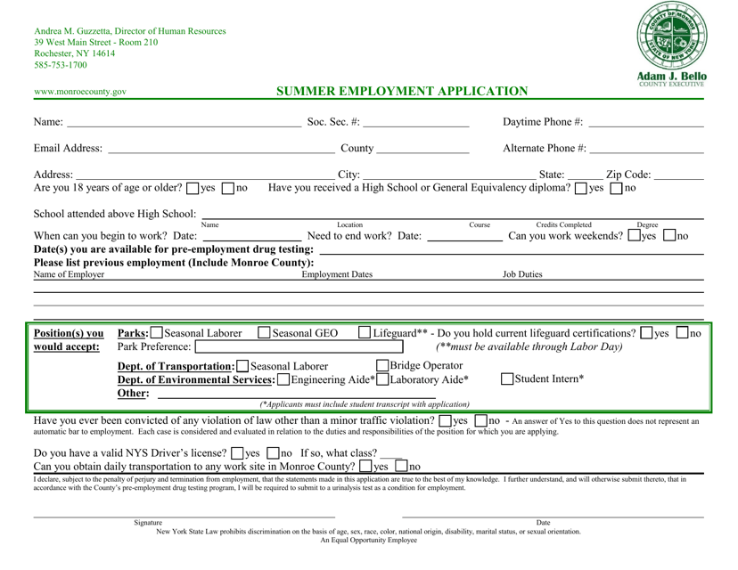 Monroe County, New York Summer Employment Application Download Fillable