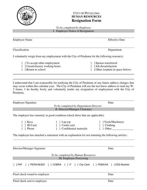Employee Resignation Form - City of Petaluma, California