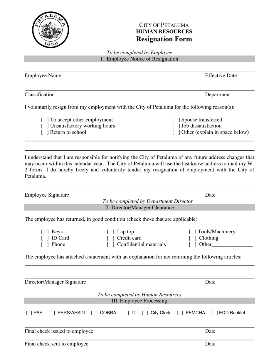 Employee Resignation Form - City of Petaluma, California, Page 1