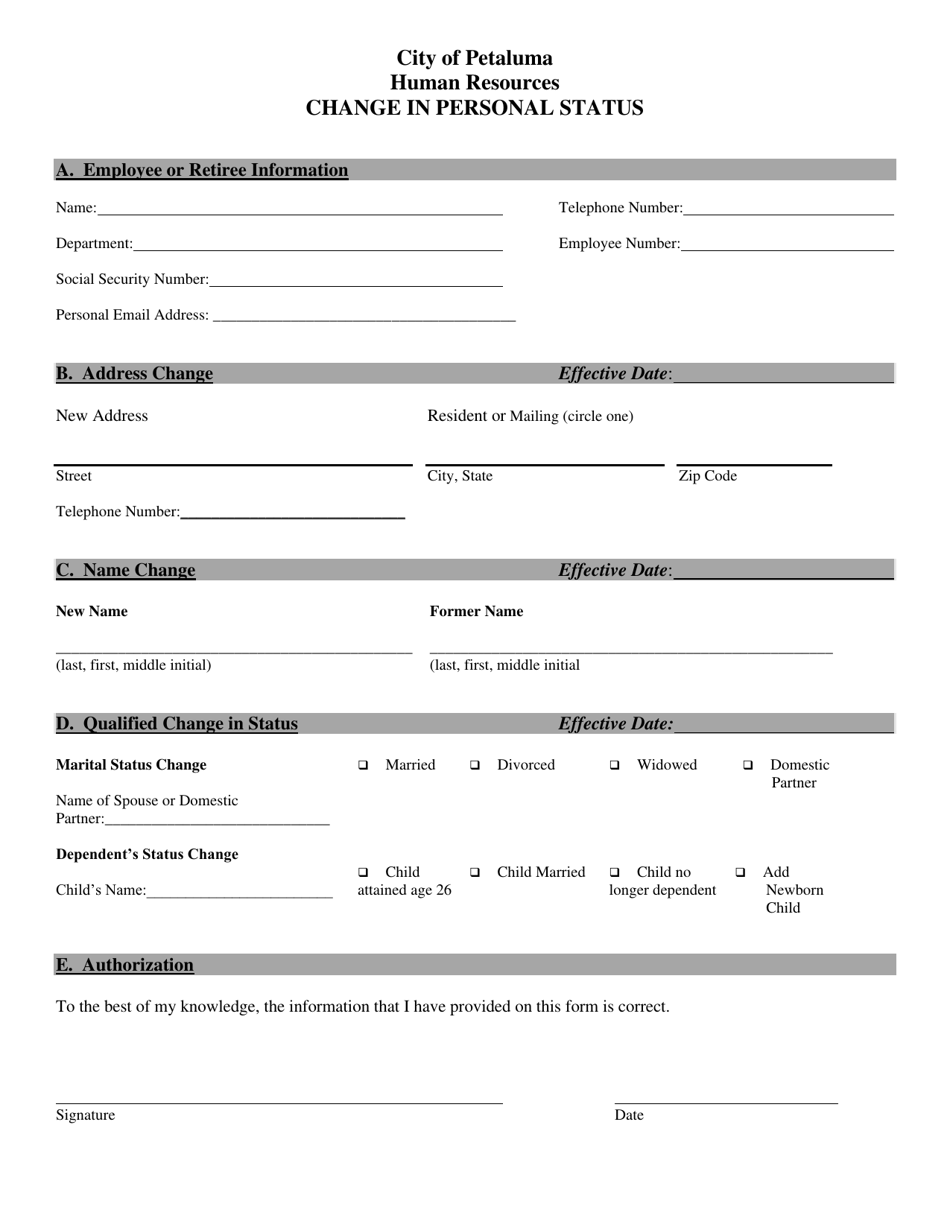 City of Petaluma, California Change in Personal Status Download