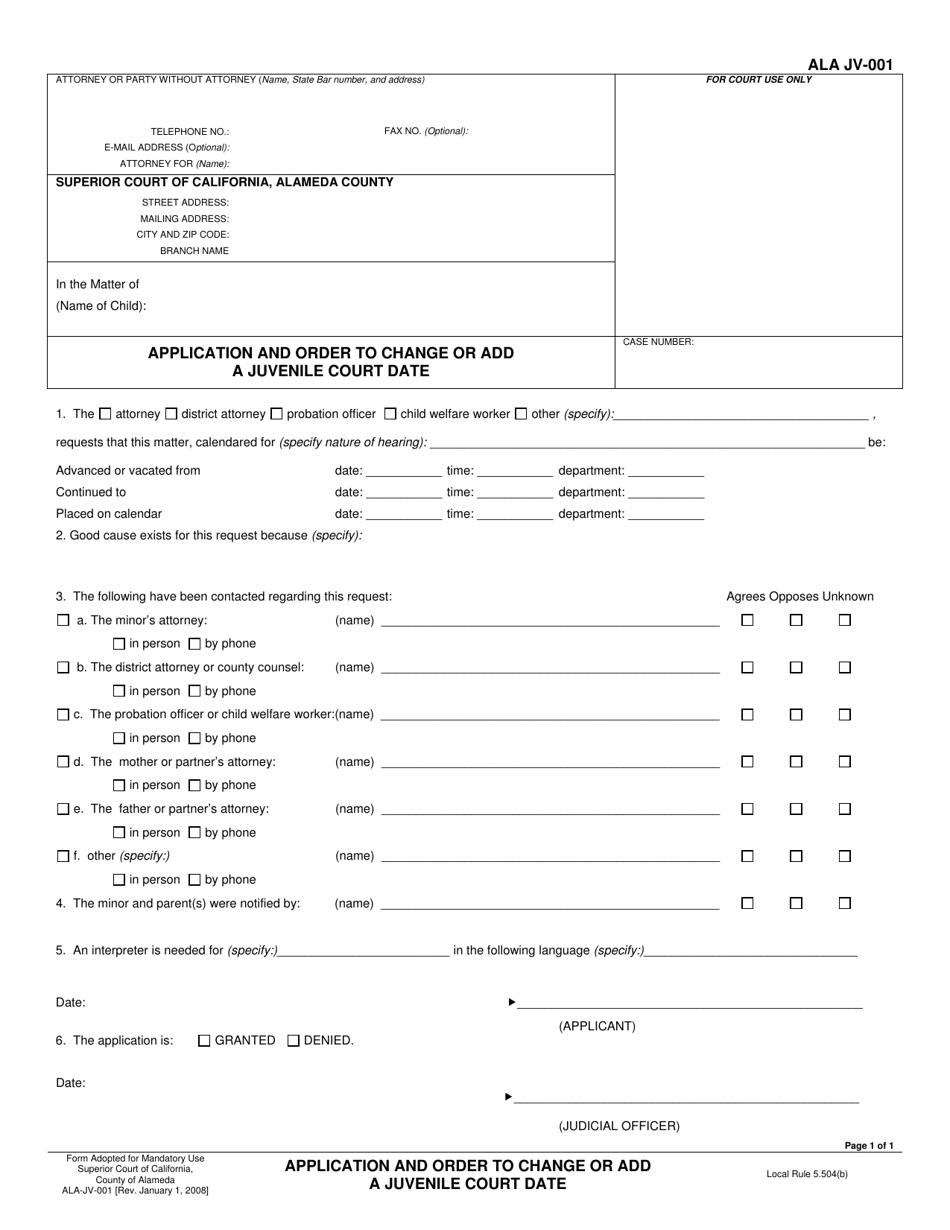 Form ALA JV-001 Application and Order to Change or Add a Juvenile Court Date - County of Alameda, California, Page 1
