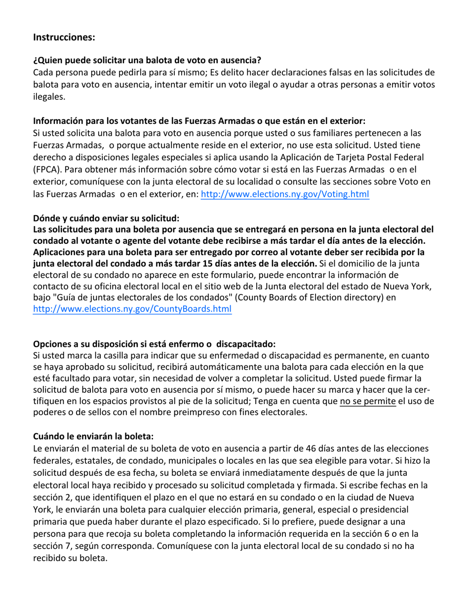 Solicitud De Balota Para Voto En Ausencia Del Estado De Nueva York - New York (Spanish), Page 2