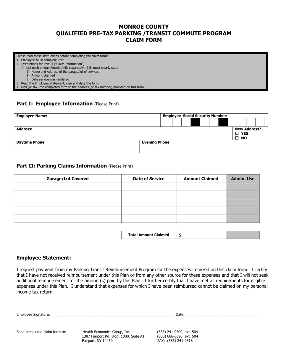 Qualified Pre-tax Parking / Transit Commute Program Claim Form - Monroe County, New York, Page 1