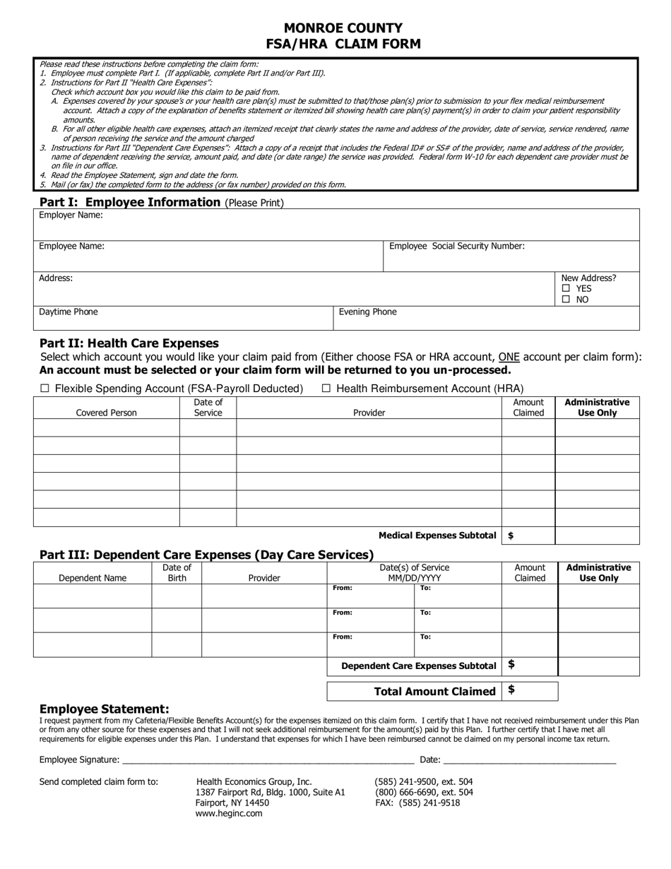 FSA / HRA Claim Form - Monroe County, New York, Page 1