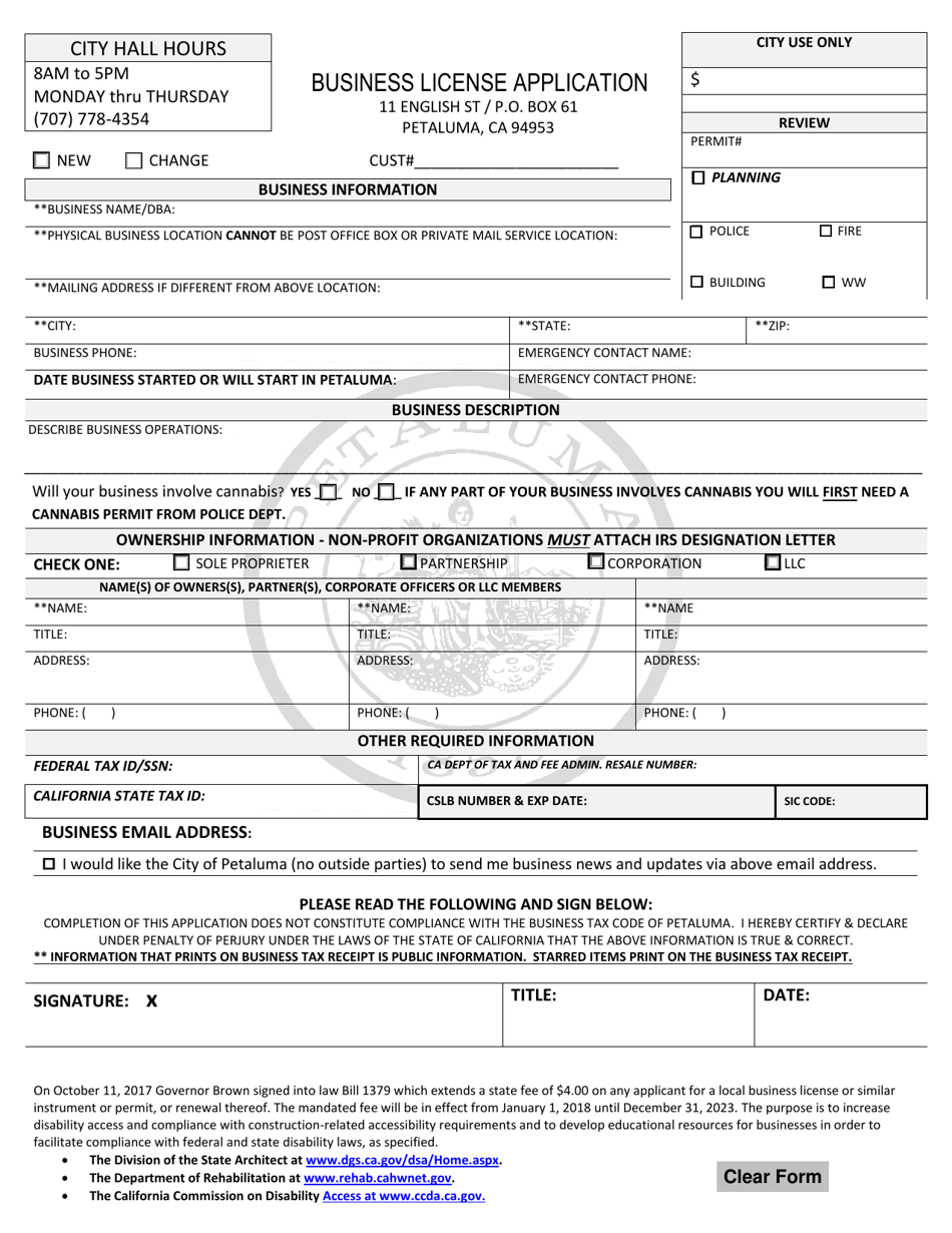 Business License Application - City of Petaluma, California, Page 1