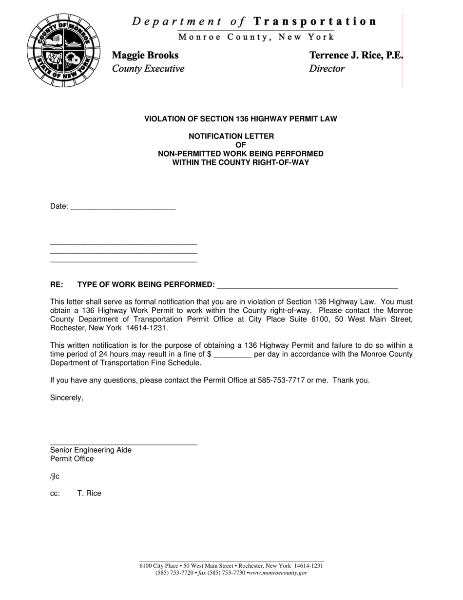 Section 136 Highway Permit Law Notification of Non-permitted Work - Monroe County, New York, Page 1