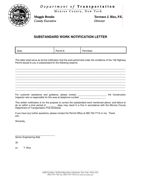 Substandard Work Notification Letter - Monroe County, New York Download Pdf