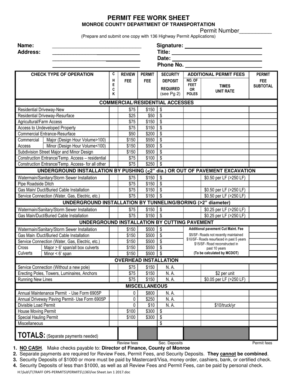 Permit Fee Work Sheet - Monroe County, New York, Page 1