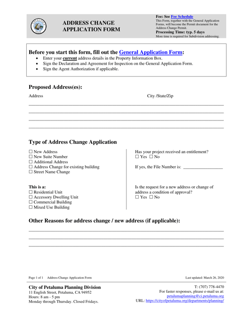 Address Change Application Form - City of Petaluma, California Download Pdf