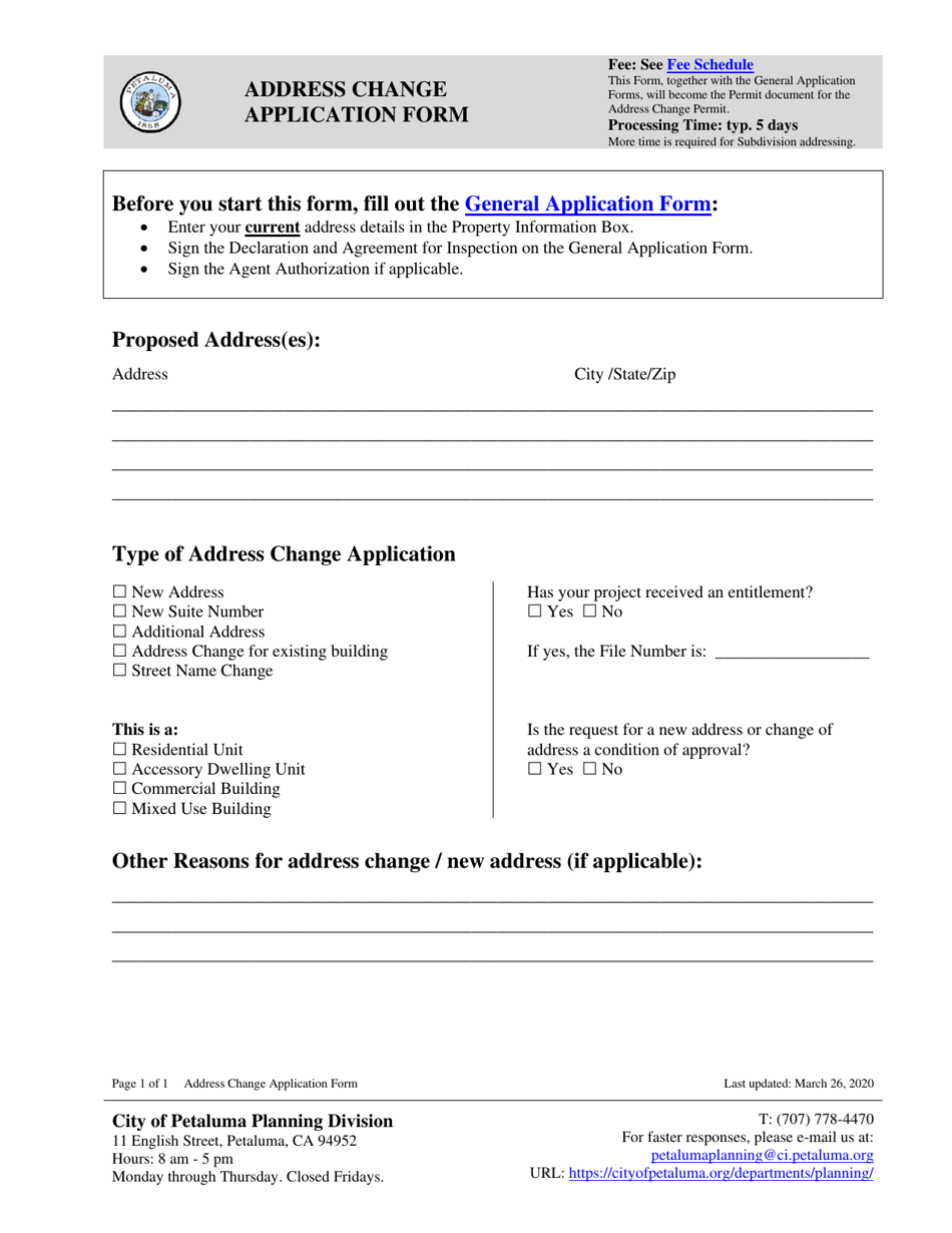 Address Change Application Form - City of Petaluma, California, Page 1