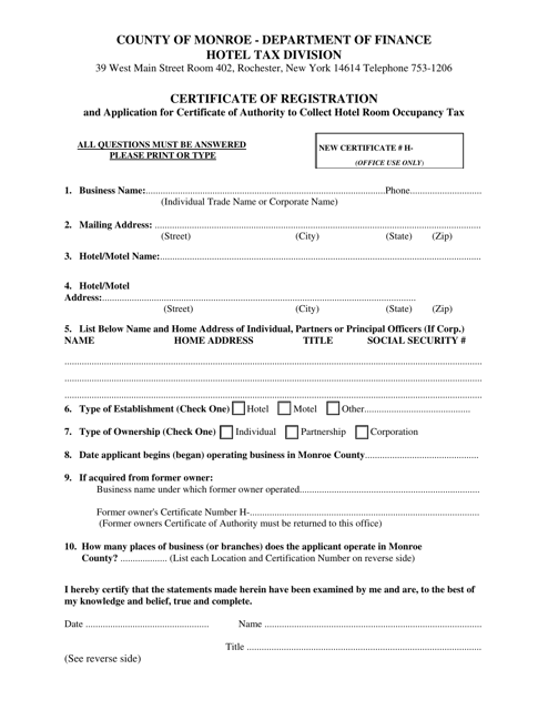 Certificate of Registration and Application for Certificate of Authority to Collect Hotel Room Occupancy Tax - Monroe County, New York Download Pdf