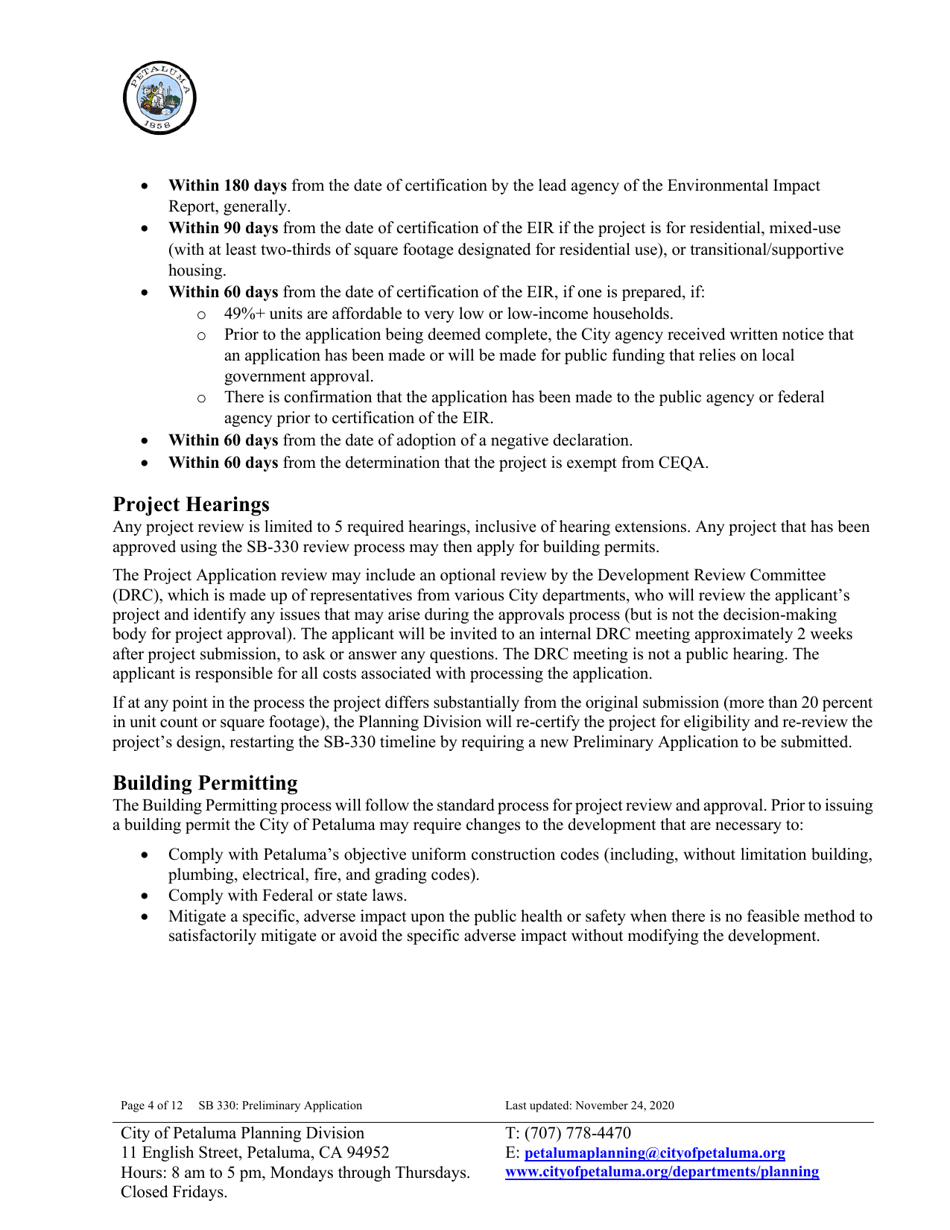Sb-330 Preliminary Application - City of Petaluma, California, Page 4
