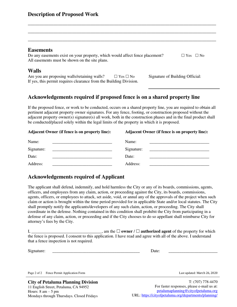 Fence Permit Application Form - City of Petaluma, California, Page 2