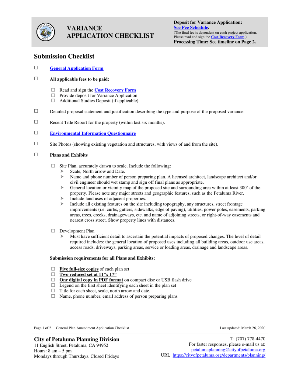 Variance Application Checklist - City of Petaluma, California, Page 1
