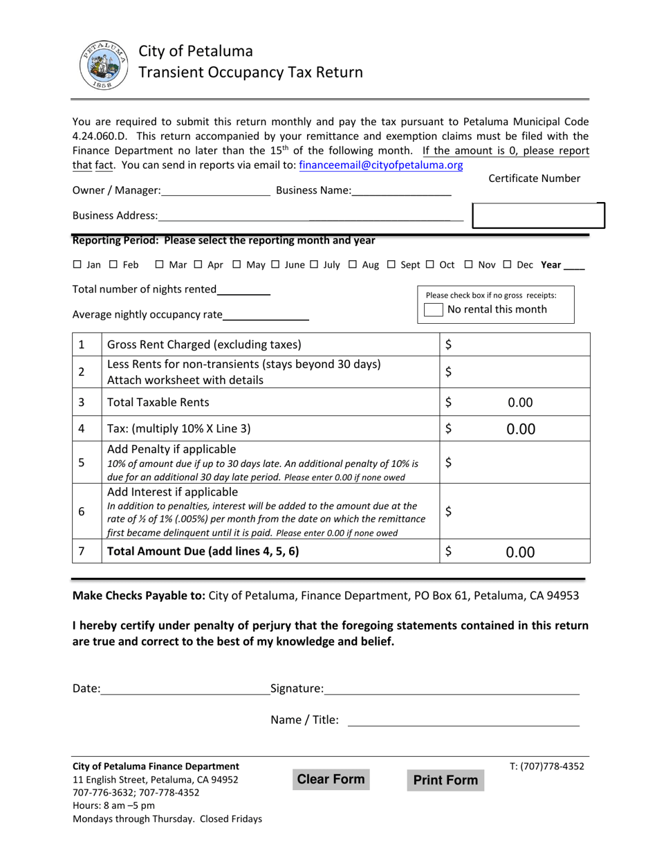 City of Petaluma, California Transient Occupancy Tax Return Fill Out