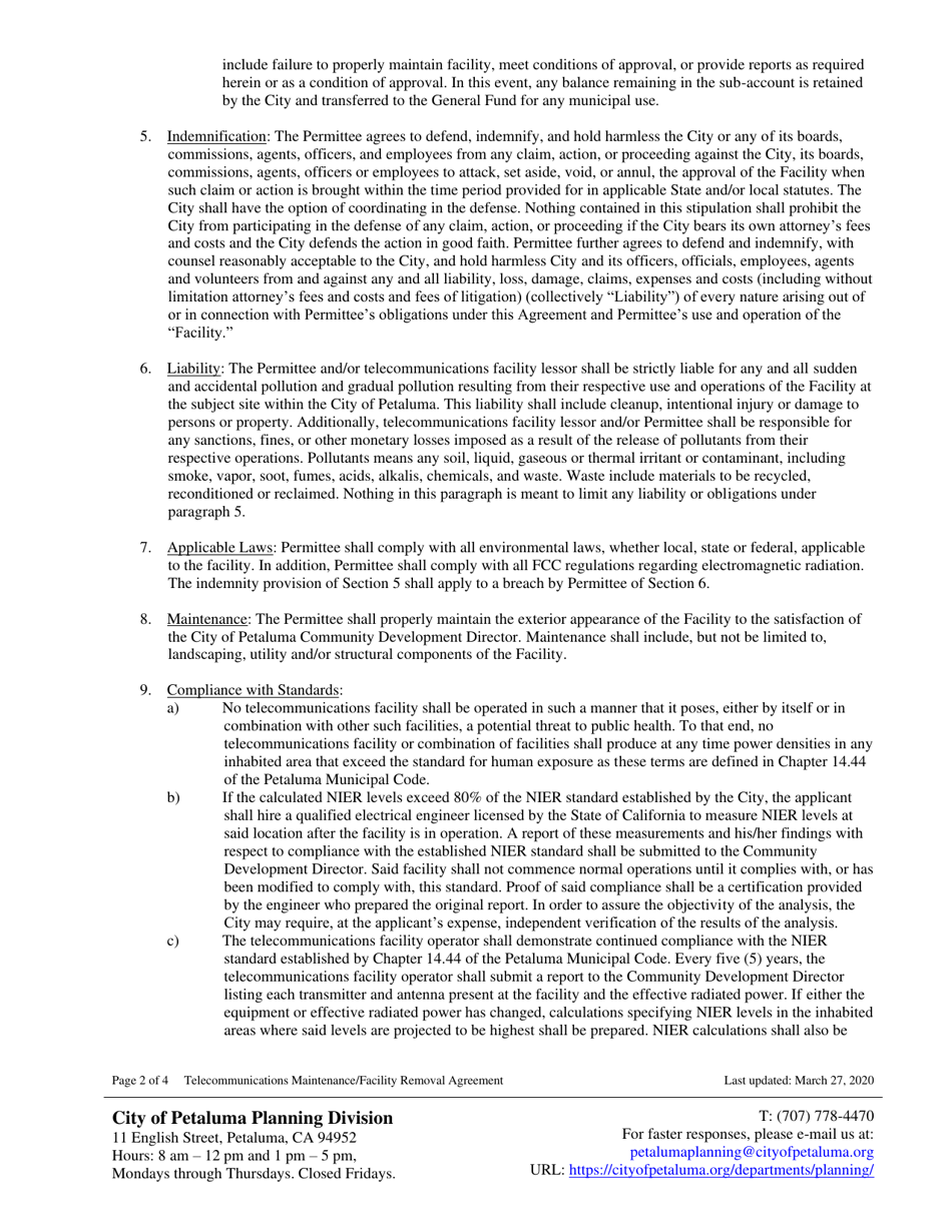 Telecommunications Maintenance / Facility Removal Agreement - City of Petaluma, California, Page 2