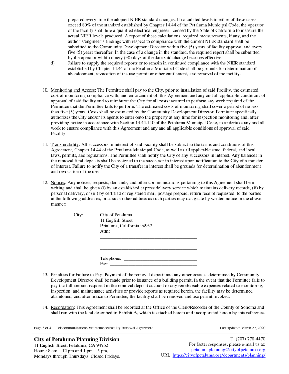 Telecommunications Maintenance / Facility Removal Agreement - City of Petaluma, California, Page 3