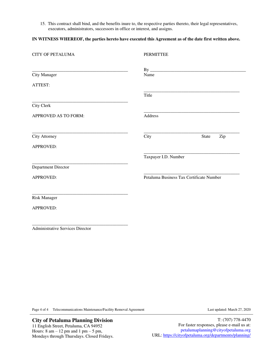 Telecommunications Maintenance / Facility Removal Agreement - City of Petaluma, California, Page 4