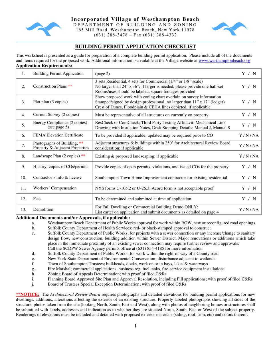 Incorporated Village Of Westhampton Beach, New York Building Permit ...
